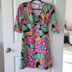 Spunk Wear Bright Retro Floral Flower Athletic Activewear Dress - Size Small